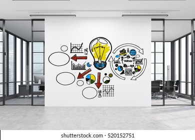 Office Lobby. Large White Wall With An Idea Poster Is In The Middle With Two Conference Rooms By Both Sides. 3d Rendering. Mock Up