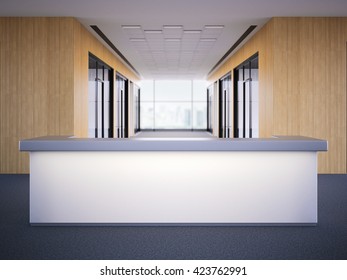 Office Lobby With A Lighting Reception Desk. 3d Rendering