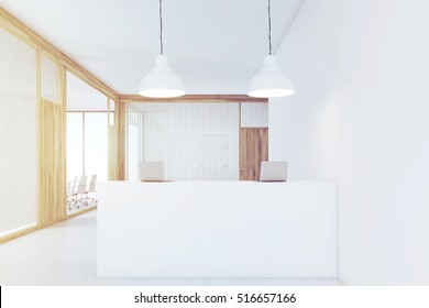 Office Lobby. There Is A White Reception Desk In It. Doors Are Made Of Wood. A Conference Room Is In The Background. 3d Rendering. Mock Up. Toned Image