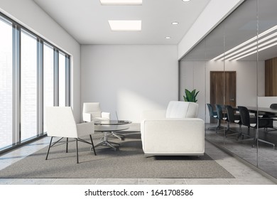 Office Lounge With Dark Wooden And White Walls, Tiled Floor, White Sofa And Armchairs And Two Round Coffee Tables With Laptop Standing On The Carpet. Conference Room Next To It. 3d Rendering