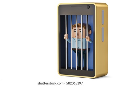 A  Office Man Character In Mobile Phone Jail.3D Illustration.