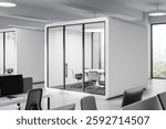 Office meeting pod with glass walls, modern design, on a white background. Concept of privacy and collaboration. 3D Rendering