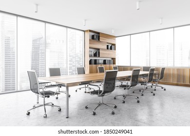 Office Meeting Room In Business Centre, Long Wooden Table With Black Chairs. Wooden And Grey Design For Office Conference Room No People, 3D Rendering