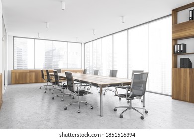 Office Meeting Room In Business Centre, Long Wooden Table With Black Chairs. Wooden And Grey Design For Office Conference Room No People, 3D Rendering