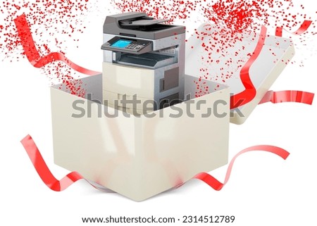 Office multifunction printer MFP inside gift box, 3D rendering isolated on white background   
