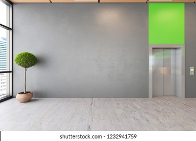 Office Open Space Lobby Ecological Interior With Concrete Floor, Wooden Ceiling, Reception, Lift, Elevator. 3d Render Illustration Mock Up.