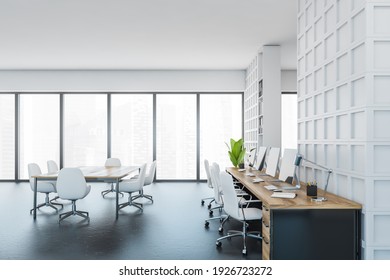 Office Open Space Room With Wooden Tables And Leather Chairs, Bookshelf With Folders, Computers In A Row. Grey Marble Floor And Window With City View, 3D Rendering No People