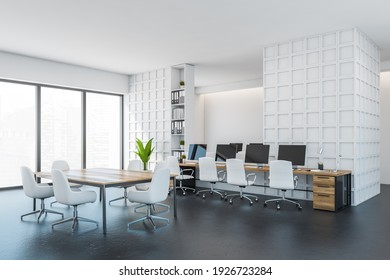 Office Open Space Room With Wooden Tables And Leather Chairs, Bookshelf With Folders, Side View, Window With City View. Grey Marble Floor, 3D Rendering No People