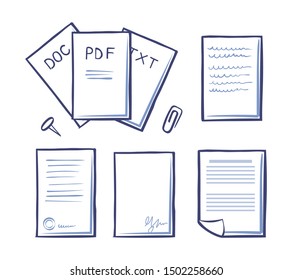 Office Paper And Documents, Doc And Pdf, Txt And Signature On Bottom Of Pages Raster. Paperclip And Pin, Publications And Binder For Documentation