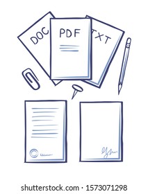 Office Papers And Pages With Signature Raster. Pencil With Eraser, Clip For Documents, Pdf And Txt, Doc Files. Monochrome Sketches Outline Icons Set