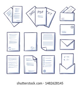 Office Pdf And Doc, Txt Files Isolated Icons Monochrome Outline Set Raster. Massages And Correspondence, Letters With Blanks And Votes With Signature
