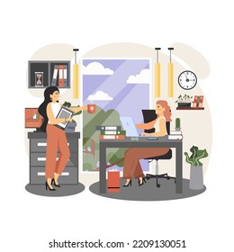 Office People Lifestyle. Business Women Colleagues Talking To Each Other, Taking Coffee Break In Office Room, Flat Illustration. Secretary Giving Cup Of Coffee To Lady Boss. Modern Workspace.