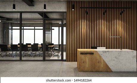 Office  Reception Design Modern & Loft,Concrete Wood Half Counter In Front Of The Wood Slat,Concrete Floor - 3D Render