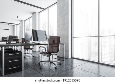 Office Room With Armchairs And Computers On The Tables Near Windows. Light Grey Office Room With Modern Minimalist Furniture, 3D Rendering No People