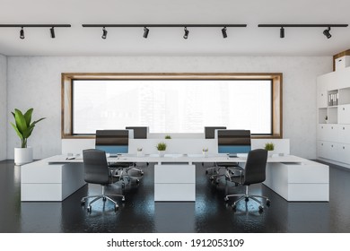 Office Room With Armchairs And Computers On White Tables Near Window. White And Black Manager Room With Modern Minimalist Furniture, 3D Rendering No People