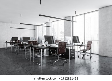 Office Room With Armchairs And Computers On The Tables Near Windows, Side View. Light Grey Office Room With Modern Minimalist Furniture, 3D Rendering No People