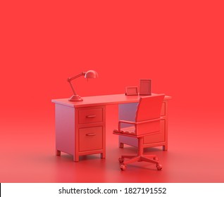 Office Room With Desk And Chair  In Red Background, Monochrome Single Color Red 3d Icon, 3d Rendering