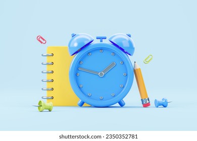 Office and school supplies: notepad, alarm clock, pencil on a blue background. 3d rendering - Powered by Shutterstock