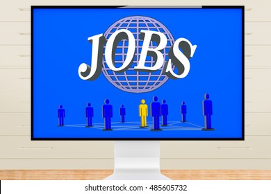 Office screen shows globe and networked with figures font JOBS, 3d illustration