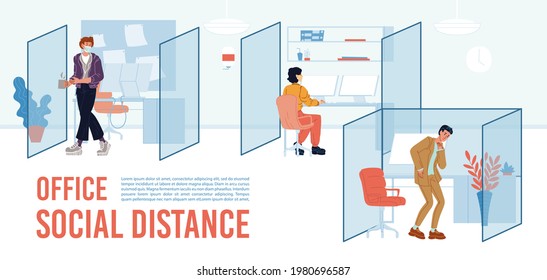 Office Social Distance. People Worker In Facial Mask Without Protective Wear Working Separately Avoid Contact Coronavirus Infection. Physical Distancing Isolation At Workplace Motivation Text Poster