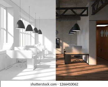 The Office Space Is Divided Into Two Parts By An Imaginary Line. On The One Hand A Beautiful Bright Interior, On The Other Completely White. 3d Rendering Mock Up