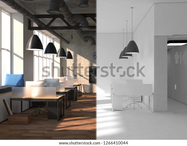 The office space is divided
into two parts by an imaginary line. On the one hand a beautiful
bright interior, on the other completely white. 3d rendering mock
up