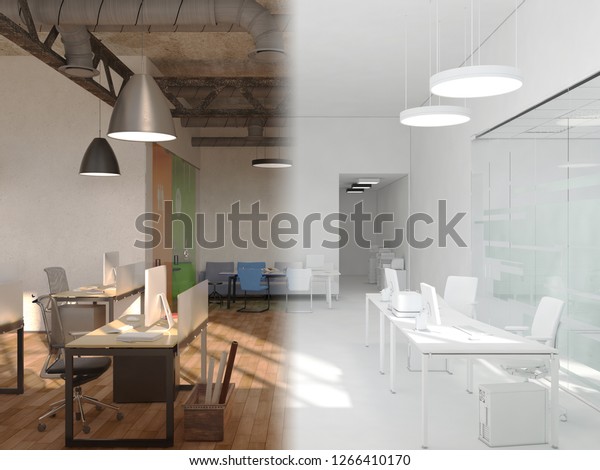 The office space is divided\
into two parts by an imaginary line. On the one hand a beautiful\
bright interior, on the other completely white. 3d rendering mock\
up