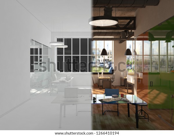 The office space is divided\
into two parts by an imaginary line. On the one hand a beautiful\
bright interior, on the other completely white. 3d rendering mock\
up