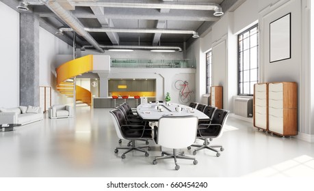 Office Space, Meeting Room Table With Kitchen Area 3D Illustration