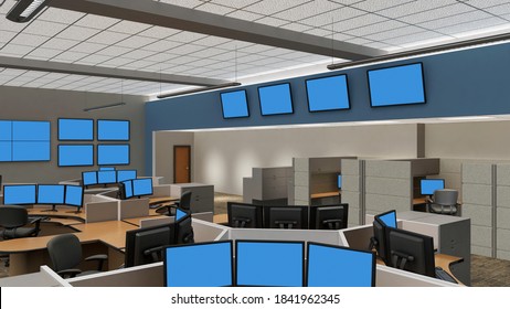 Office Space Or Network Operations Center 3d Rendering With Blue Screen Monitors In Cubicles And On Walls.