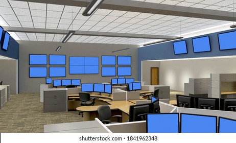 Office Space Or Network Operations Center 3d Rendering With Blue Screen Monitors In Cubicles And On Walls.