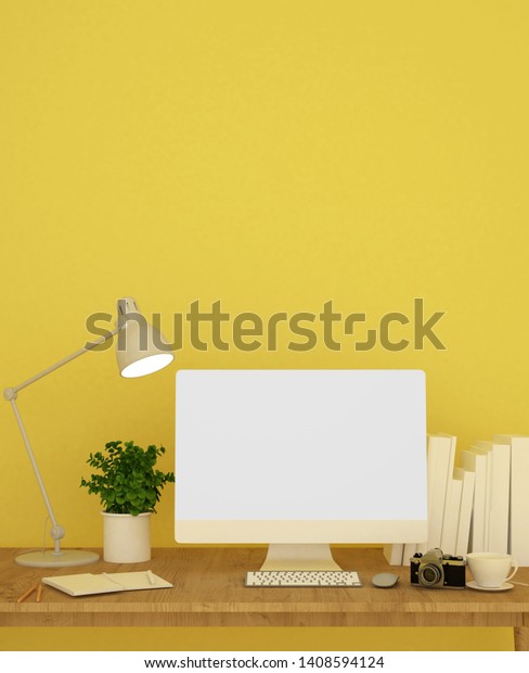 Office Space Workplace On Yellow Wall Royalty Free Stock Image