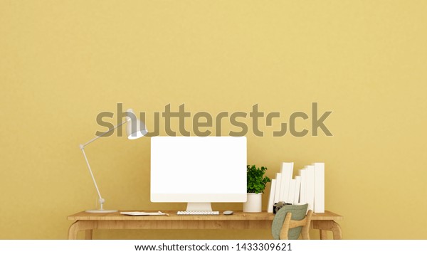 Office Space Workplace On Yellow Wall The Arts Interiors Stock