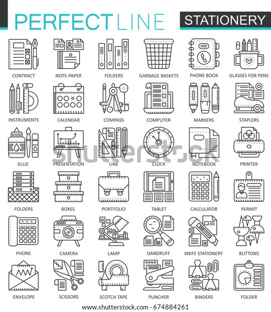 Office stationery\
outline concept symbols. Perfect thin line icons. Modern stroke\
linear style illustrations\
set.