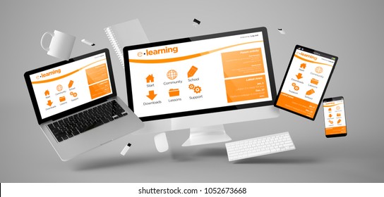 office stuff and devices floating with e-learning platform 3d rendering