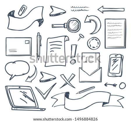 Office supplies document and arrows, pointers and indicators set raster. Cursor and banner, mobile phone and magnifying glass, cross and check mark