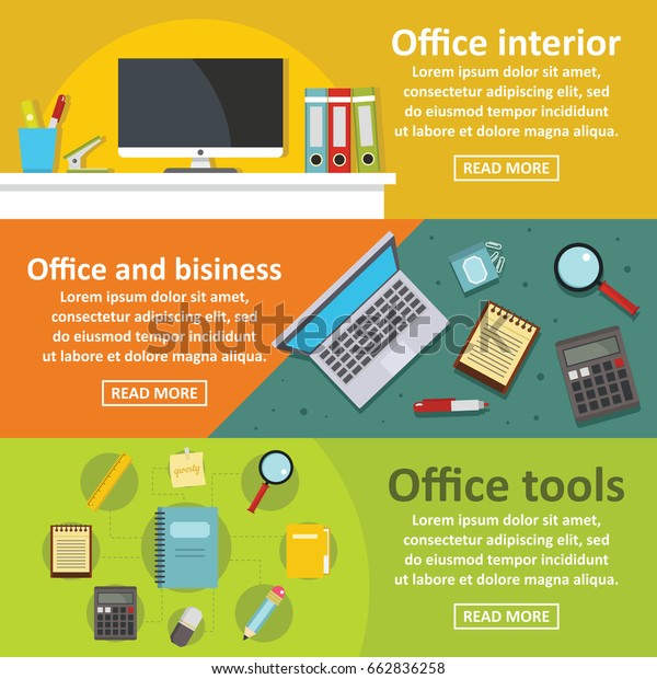 Office tools\
banner horizontal concept set. Flat illustration of 3 office tools \
banner horizontal concepts for\
web