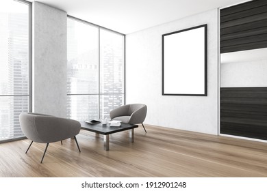 Office Waiting Area. There Are Two Armchairs Near A Coffee Table, A Poster Above It And A Room With Glass Walls In Behind It. 3d Rendering, Mock Up