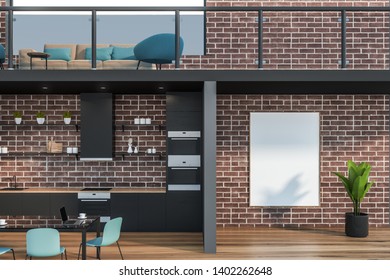 Office Waiting Room Interior With Brick Walls, Beige Sofa And Blue Armchair And Comfortable Kitchen For Staff With Gray Counters And Glass Table With Chairs. Vertical Mock Up Poster. 3d Rendering