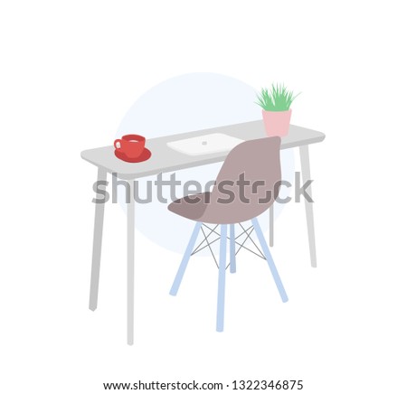 Office work concept. Workspace. Office worker desk on isolated background. Furniture for office. Desk, laptop, plant, chair. Homeschooling, education. Cartoon flat style. 