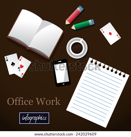 Office work. Office table illustration with notes, book, pencil, mobile, coffee etc.