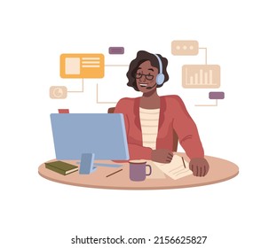 Office worker at online meeting or conference. woman at workplace using computer and headphone talking on phone. Businesswoman speaking to clients and customers. Flat cartoon character - Powered by Shutterstock