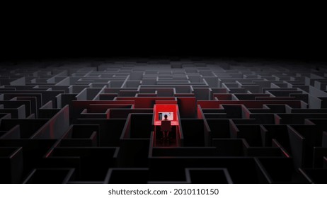 Office Worker Trapped In A Maze. Workaholic, Social Isolation Concept. Digital 3D Rendering.