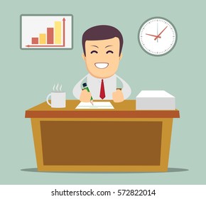 Office worker at work. Happy smiling man sitting at the desktop. Office interior. Long work hours. Modern flat design concept for web banners, web sites, infographic. Flat . Stock illustration.