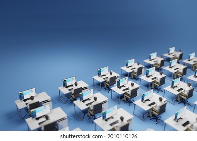 Office Workers Sitting At Their Identical Desks. Rigid, Bureaucratic Corporate Environment, Concept. Digital 3D Rendering.