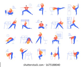 Office Yoga Exercises. Fitness And Yoga Workout For Office Workers, Relaxing And Stretching In Office Space  Illustration Set. Asana Practice At Workplace. Meditation, Zen, Healthy Lifestyle