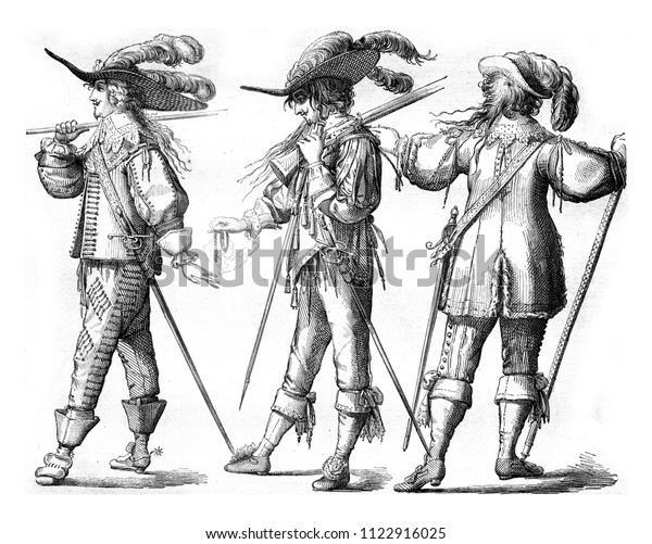 仏兵の徒歩の将校とマスケット銃兵 1635年 本線を持つ将校 1643年 ビンテージ彫刻イラスト マガシン ピトレスク1858年 のイラスト素材