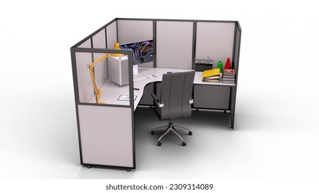 Office,workspace.Desktop layout.Table lamp,files,monitor,chair.Interior design.3d rendering.