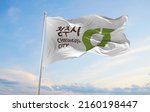 official flag of Cheongju city, South Korea at cloudy sky background on sunset, panoramic view. Korean travel and patriot concept. copy space for wide banner. 3d illustration