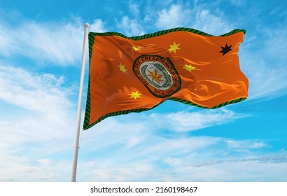 Official Flag Of Cherokee Nation People Ethnic, USA At Cloudy Sky Background On Sunset, Panoramic View. Native American Patriot Concept Patriot Concept. Copy Space For Wide Banner. 3d Illustration